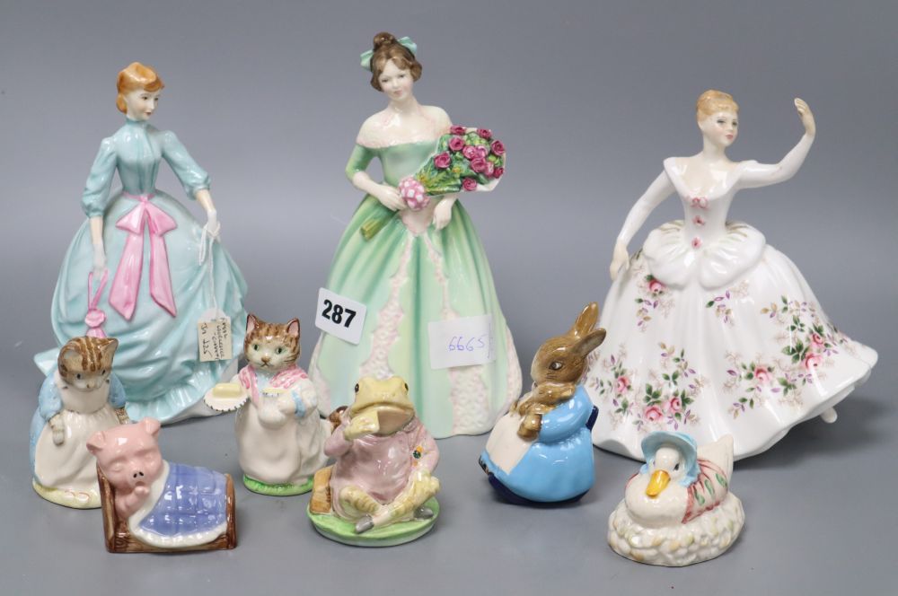 Three Royal Doulton porcelain figures and six Beswick, Doulton and Beatrix Potter figures